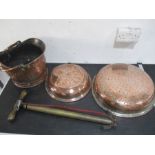 Two brass cream separators, brass coal scuttle and stirrup pump