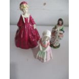 Three porcelain figures including Royal Doulton "Tootles", Royal Worcester "Grandmother's Dress"