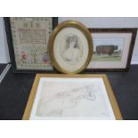 A 1929 sampler, pencil drawing of a Victorian lady, print of "Sir Peregrine" prize winning bull