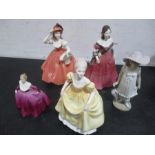 A collection of four Coalport porcelain figurines plus one other including "Emily", "Young