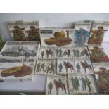 A collection of boxed Tamiya Military Miniatures (1:35 scale) model kits including a German 8ton