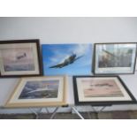 Four framed aircraft prints and one canvas. Including one limited edition "Raging Tempest" by Ivan