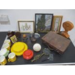 An assortment of interesting items including a small leather suitcase, two pairs of agate bookends,