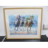 A framed acrylic painting of racehorses in flight by A.Veccio 76cm x 66cm