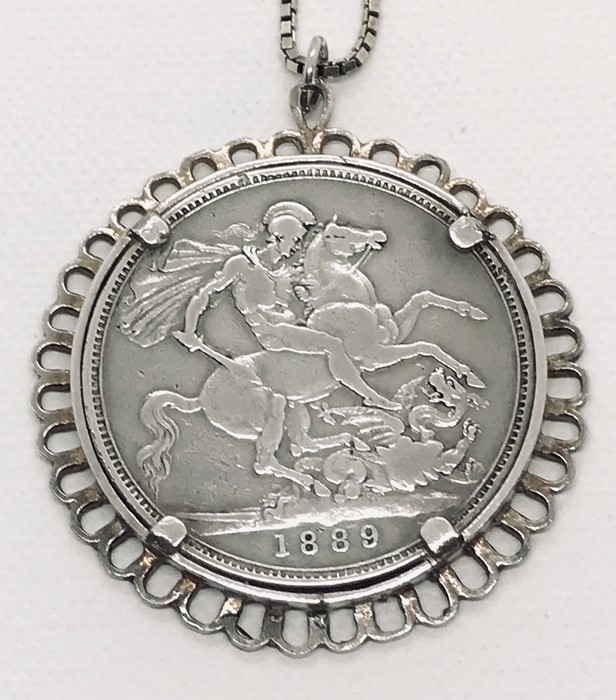 A Victorian 1889 Crown in pendant mount and silver chain. Total weight 44.9g - Image 3 of 3