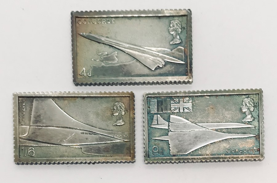 A set of three fine silver Concorde postage stamp replicas in box, no.170 - Image 2 of 3