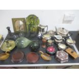 A collection of interesting items and glassware including ceramic silver coloured part tea