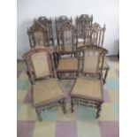 Eight French harlequin oak/cane seats
