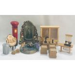 A collection of dolls house furniture, garden features etc.