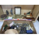 A collection of miscellaneous items including a brass trumpet, cigarette box, lacquer box etc.