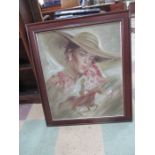 A framed modern oil painting of a lady