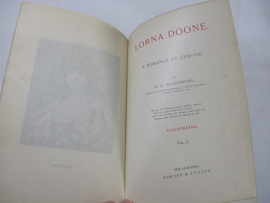 Two hardbacks "Lorna Doon - A Romance of Exmoor" by R.D. Blackmore. Bound in red decorated front - Image 3 of 5