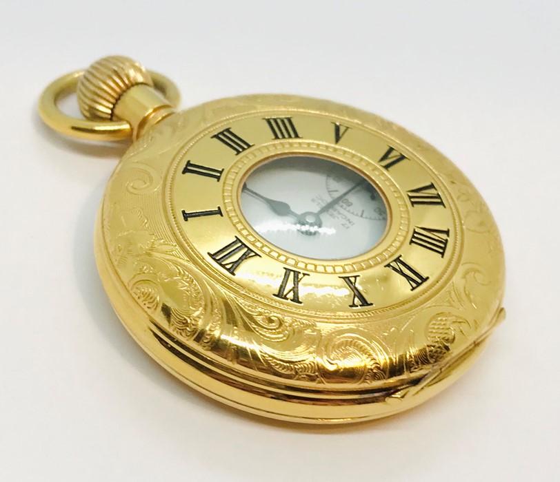 A gold plated half hunter pocket watch, the white enamelled dial with subsidiary second dial, marked - Image 2 of 4