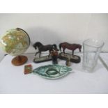 A collection of miscellaneous items including Leonardo horses, globe, vintage playing cards, glass