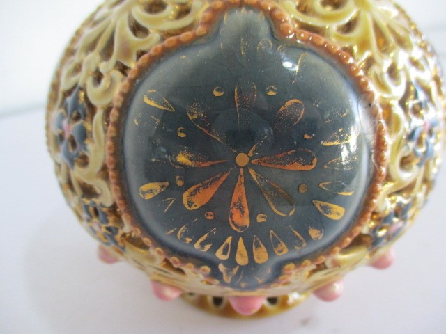 A Zsolnay reticulated small vase with gilded decoration- hairline crack to rim - Image 5 of 7