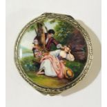 A 925 silver pill pot with hand painted classical scene to top and guilloche enamelling to sides