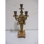 A gilt bronze Empire style figure three branch candelabra with marble base - missing foot to base
