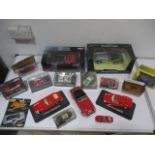 A collection of various die-cast model cars including Dinky, Burago, Corgi etc