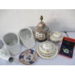 An oriental style lamp, along with two slipper bed pans, Imari plate, Royal Doulton dishes etc
