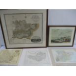 A collection of three maps of Essex, the largest framed, along with a map of Somersetshire and