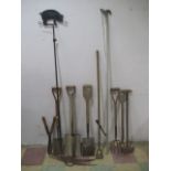A collection of various garden tools including a sack truck etc