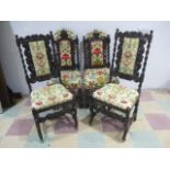 A pair of Victorian carved hall chairs with barley twist design, along with two other.