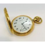 A gold plated half hunter pocket watch, the white enamelled dial with subsidiary second dial, marked