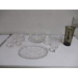 A collection of glassware including cut glass, bowls, champagne glasses and lemonade jug.