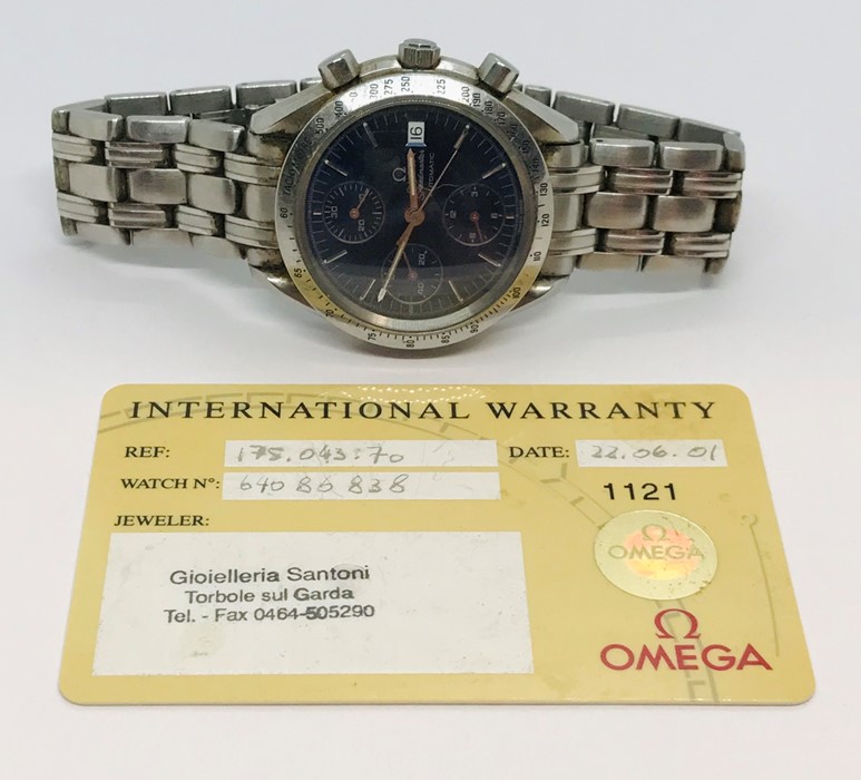 A gents Omega Speedmaster stainless steel automatic bracelet chronometer, having signed blue dial, - Image 3 of 5