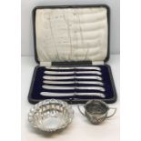 A cased set of hallmarked silver handled knives, a silver dish and SCM two handled salt