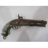 A 19th Century percussion cap pistol inscribed "Tower 1858" with mother of pearl inlay- some losses