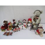 A collection of Xmas bears and decorations including TY. In one box plus bear on a sled.
