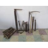 A collection of vintage tools, along with a vice, rope etc