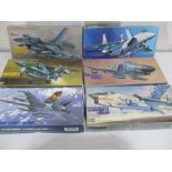 A collection of six Hasegawa boxed model planes including, F-16N Plus Fighting Falcon, Sepecat