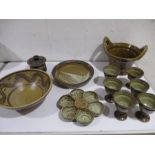 A collection of studio pottery including a set of six goblets