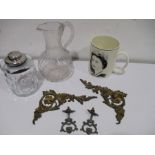 A collection of items including a Victorian glass jug, Wedgewood commemorative Silver Jubilee mug,