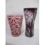 Two Bohemian style cut glass vases - slight chip to taller vase