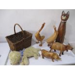 A wooden CD rack in the form of a cat along with two wooden ducks, wicker basket etc.