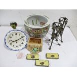 A collection of items including a Famille Rose Jardinière, two silver plated ornamental stands (A/