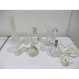 A collection of glassware including a Georgian jug, lamp base etc.