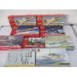 A collection of boxed Airfix planes and warships model kits (scale 1:72) including a Hawker Siddeley