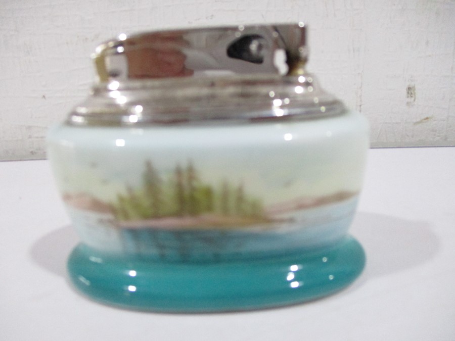 A boxed Minton porcelain cased Ronson table lighter, painted with leaping salmon signed R Scott - Image 4 of 7