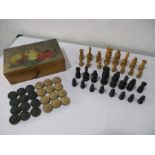 A set of wooden chess pieces (A/F) and draughts in a hand painted box