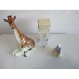A 7" Waterford Crystal vase, a ceramic giraffe A/F and a Royal Doulton figurine "Dinky Do"