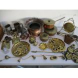 A collection of metal ware, including a cast iron money box (A/F), brass gong, eastern pots,