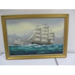 A framed oil on canvas of tall sailing ships, signed by Joseph