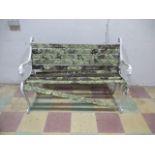A garden bench with white metal frame and wooden seat A/F