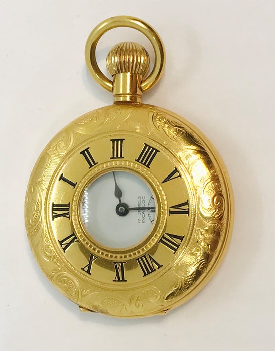 A gold plated half hunter pocket watch, the white enamelled dial with subsidiary second dial, marked - Image 3 of 4