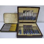 A cased Mappin & Webb part set of blue handled cutlery along with a cased set of butter knives