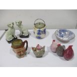 A Doulton Burslam biscuit barrel, reproduction Staffordshire dogs, chicken ornaments etc